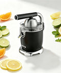Heavy Duty Electric Citrus Juicer Press With Two Cones For Fresh Orange And Lemon Juice with sliced citrus fruits around.