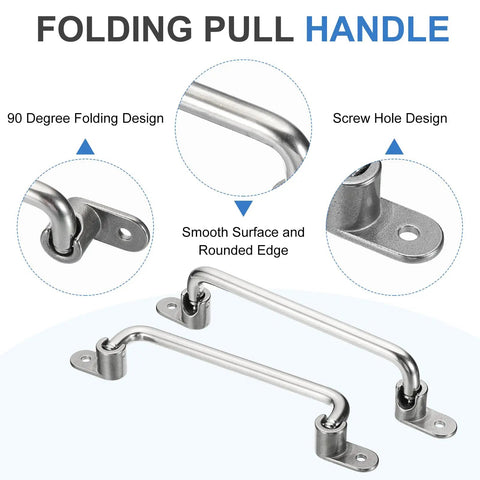 Two Pack 304 Stainless Steel Folding Pull Handles, 90 Degree Toolbox Grab Handles, Bright Polished Cabinet Hardware for Equipment, Distribution Boxes, Flight Cases, Hole Spacing 218mm, Rugged and Smooth showing folded and open views