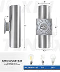 Diagram of 2 Pack Outdoor Wall Lights Dusk To Dawn Sensor Dope Stainless Steel Wall Sconces for Exterior Use dimensions and bulb types.