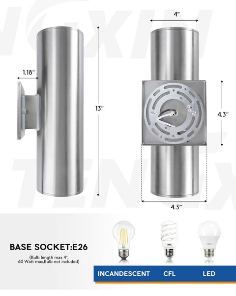 Diagram of 2 Pack Outdoor Wall Lights Dusk To Dawn Sensor Dope Stainless Steel Wall Sconces for Exterior Use dimensions and bulb types.