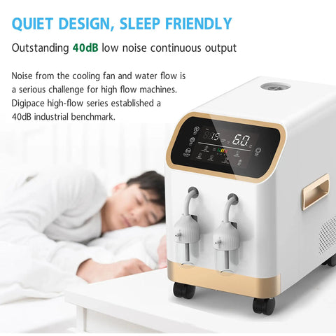 Ultra Quiet 2-Channel Hydrogen Inhalation Device With 3000mL Flow, Model 10 Upgrade, shown beside a person sleeping