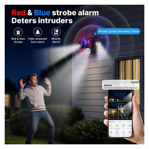 Knockout Quality Outdoors Wireless Security Cam Featuring Sharp AI Human Detection And Crisp 720P HD Video and strobe alarm deterring intruders.