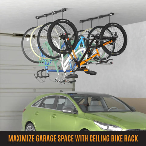 Adjustable Ceiling Mounted Bike Rack for Garage Holds 4 To 8 Bikes in Tight Spaces With 8 Adjustable Hooks Heavy Duty Steel