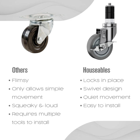 Comparison of two 4-Inch Table Casters, one with expanding stem, stainless steel, and non-marring rubber wheel, labeled 'Houseables'.