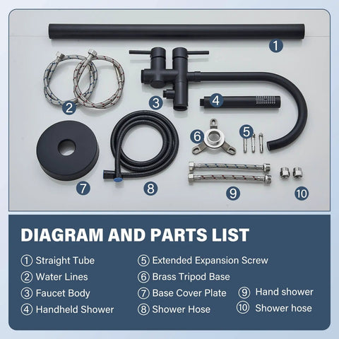 Parts list for Dope Matte Black Freestanding Tub Filler Faucet With Shower And Handheld Sprayer Two Handle Floor Mount Stand Mixer Valve