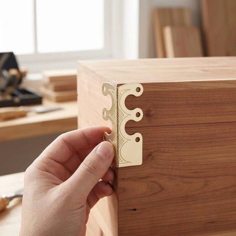Rugged Antique Alloy Corner Protectors 20 Pack Tough As Nails Durable Metal Edge Guards with prepunched holes being attached to wooden box