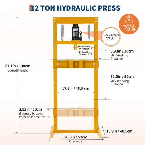 Heavy Duty 12 Ton Hydraulic Shop Press With Sturdy H Frame dimensions, showing 51.1in height and 20.8in width for axle straightening.