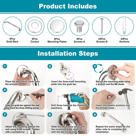 Rock Solid Stainless Steel Grab Bars 3 Pack Featuring Two Practical Sizes For Bathtubs And Showers Non Slip Senior Support Handles Quick Wall Install Bathroom Safety Game Changer installation steps with grab bars and mounting hardware.
