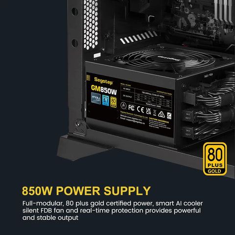Installed GM850 Power Supply 850W Full Modular 80 Plus Gold Gaming PSU with ATX 3.1 and PCIe 5.1 readiness in a PC case.