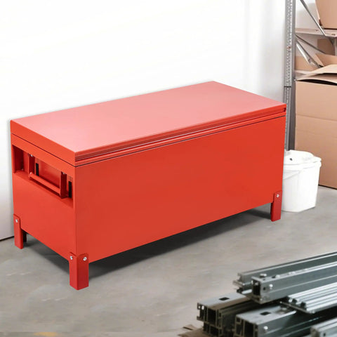 Heavy Duty Steel Jobsite Storage Box And Tool Chest Xxl Large 36 Inch Burgundy Truck Bed Rack Organizer With Four Inch Legs For Built Tough Worksite Performance And Quick Moves