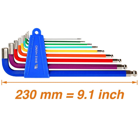 Heavy Duty Hex Allen Wrenches Set For Bikes With Long Arm Ball End, 9-Piece Precision Tool Kit in 230mm, color coded handles