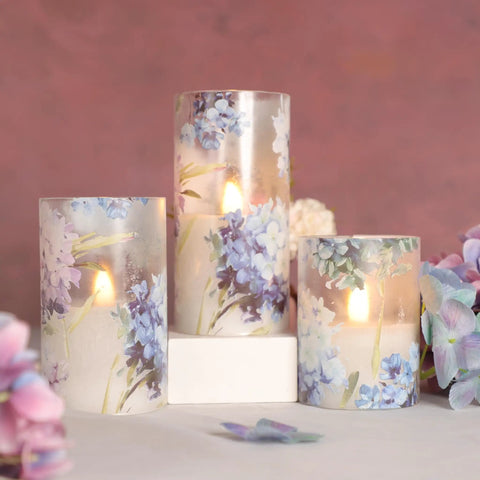 Flameless Battery Operated Candles With Remote Hydrangea Glass Pillar Centerpiece For Wedding And Home Decor, warm white light