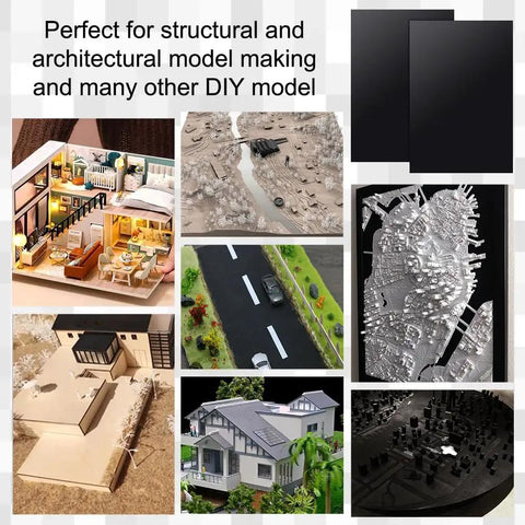 Collage of models and sheets showing Two Black ABS Plastic Sheets 11.8 By 7.9 Inches 2mm Thick Hard Modeling Plastic For Architectural Models.