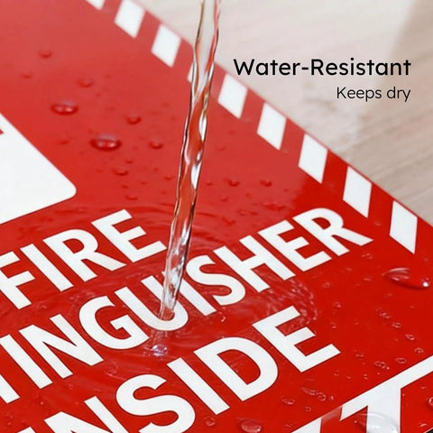 High Visibility Fire Extinguisher Inside Sign 8x12 Inch Metal Safety Plaque, water-resistant feature shown in use.