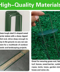 Close-up of Green Painted Turf Stakes Set With 50 Stakes And 50 Buffer Washers 6 Inch 11 Gauge Heavy Duty Lawn Spikes for installing