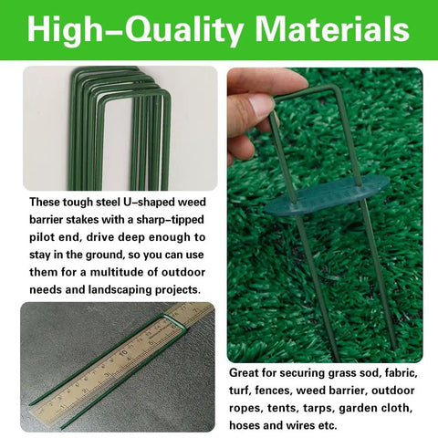 Close-up of Green Painted Turf Stakes Set With 50 Stakes And 50 Buffer Washers 6 Inch 11 Gauge Heavy Duty Lawn Spikes for installing