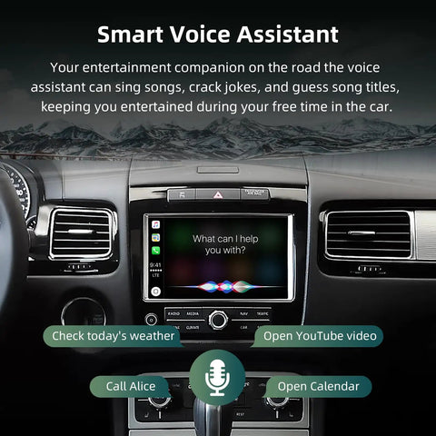 VW Touareg Wireless CarPlay Android Auto Adapter Upgrade Kit installed, dashboard view with smart voice assistant displayed on screen