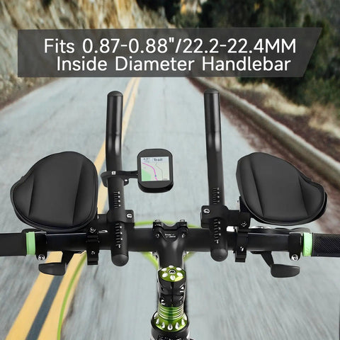 Aero Bar Bike GPS Mount with GoPro Adapter installed on black handlebars, compatible with 22.2mm and 22.4mm bars, in motion.