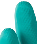 Close-up of textured fingertips on Green Nitrile Chemical Resistant Gloves G80 Level 2 13 Inch Long 15 Mil Thick Cotton Flock Lined Medium