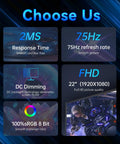 Infographic highlighting features of 22 Inch FHD IPS Monitor With 75 Hz Refresh Rate AMD FreeSync Stunning 99 Percent sRGB And Ninety Percent DCI P3 Color Gamut HDMI Two Point Zero VGA VESA For Gaming And Office.