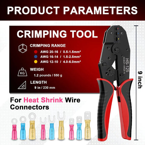 Go To Ratcheting Crimping Tool For Heat Shrink Connectors And Insulated Terminals Awg 20 To 10 Heavy Duty Grease Monkey Approved Wire Crimper smooth grip 9 inch tool with color coded jaws