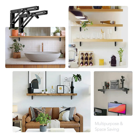 Rugged Matte Black Folding Shelf Brackets, 12 Inch wall mounted hardware in various home setups for garage or workshop use.
