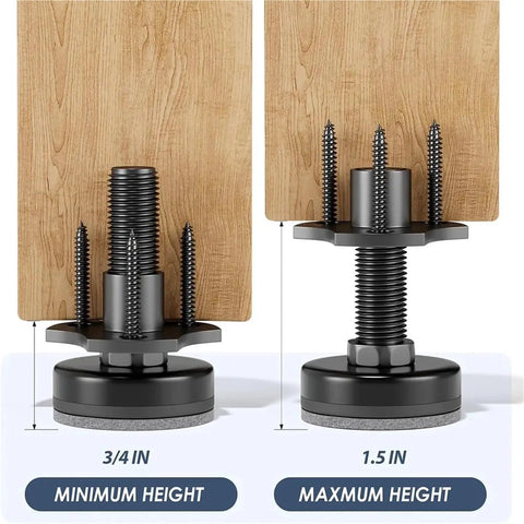 Eight Pack Adjustable Furniture Feet With Three Eighths Inch Sixteen Thread T Nut Kit Levelers showing minimum and maximum height