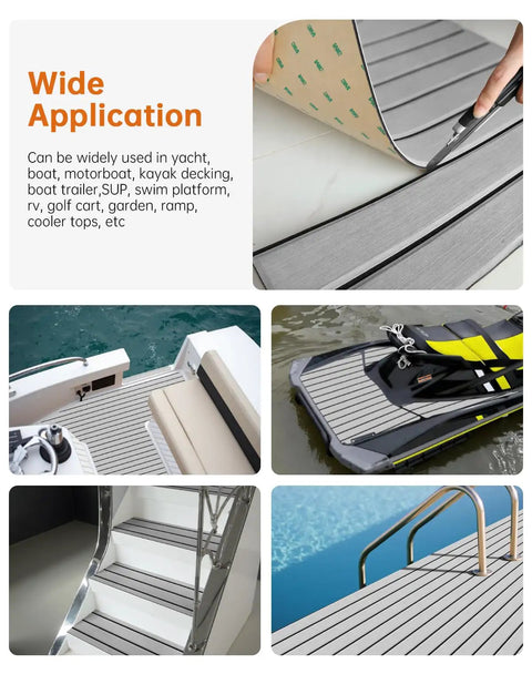 EVA Foam Boat Flooring With 3M Adhesive Backing Non Slip Faux Teak Decking used on various watercraft and decks
