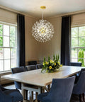 Dining room with Lit Modern Gold Crystal Chandeliers With Firework Dandelion Sputnik Design, 9-Light Dimmable Pendant Light Fixture.