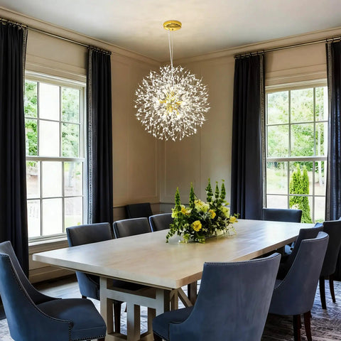 Dining room with Lit Modern Gold Crystal Chandeliers With Firework Dandelion Sputnik Design, 9-Light Dimmable Pendant Light Fixture.