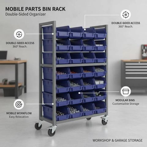 Double-Sided PP Plastic Bin Organizer For Small Parts, Storage Rack With Louvered Panels And Dual Access From Both Sides