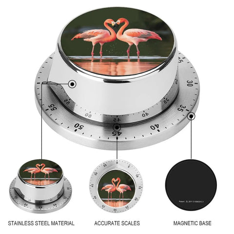 Stainless Steel Countdown Timer With Magnetic Base Featuring Pink Flamingos Kiss In The Lake Design For Kitchen And Baking