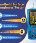 Handheld Surface Roughness Tester With Pro Grade Digital Profilometer, blue unit displaying measurement, features listed on side.