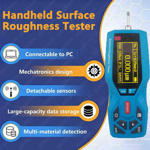 Handheld Surface Roughness Tester With Pro Grade Digital Profilometer, blue unit displaying measurement, features listed on side.