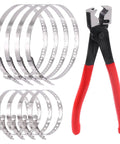 Heavy Duty Multi Purpose Hose Clip Pliers Kit With Small And Large CV Boot Clamps 9Pcs Pro Grade Stainless Steel Crimp Clamp Set For Most Cars ClicR Collar Pliers Adjustable Drive Shaft CV Boot Tool showing pliers and clamps.