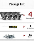 Package contents of 4 caster wheels, 1 screwdriver, and 16 screws for 2 Inch Heavy Duty Caster Wheels Set Of 4 With Dual Total Lock Brakes