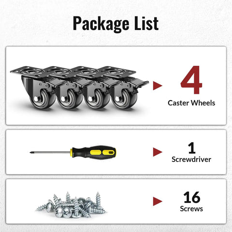 Package contents of 4 caster wheels, 1 screwdriver, and 16 screws for 2 Inch Heavy Duty Caster Wheels Set Of 4 With Dual Total Lock Brakes