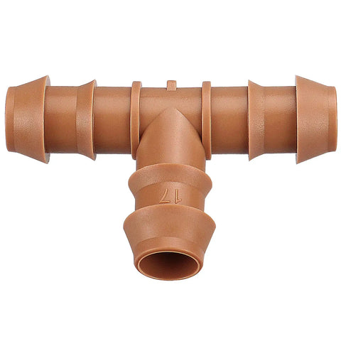 20 Piece Drip Irrigation Tee Fittings for 1/2 Inch Tubing Barbed 3 Way Connectors 0.600 Inch ID in brown plastic