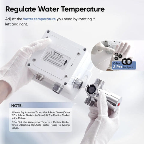Hands holding water mixer valve for Touchless Bathroom Sink Faucet With Motion Sensor Hands Free Infrared Operation Chrome Finish Commercial Grade For Residential Use Durable Deck Plate Included Water Mixer Valve Control Box.