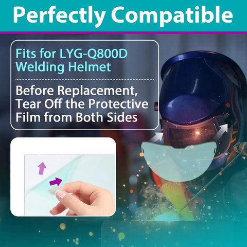 Large Viewing Screen Replacement Lens Set For LYG Q800D Welding Helmet showing compatibility and protective film removal