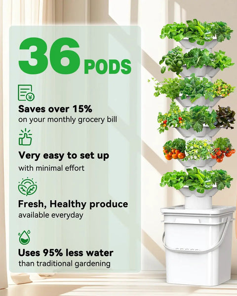 Vertical Hydroponics Garden Tower Kit with six levels and 36 pods for herbs and fruits, indoor and outdoor use.