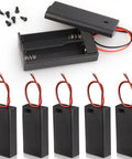 Six Pack Heavy Duty Dual Alkaline Aa Battery Boxes With Secure Toggle Switch And Flexible Wire Leads, 5 boxes with leads and one open.