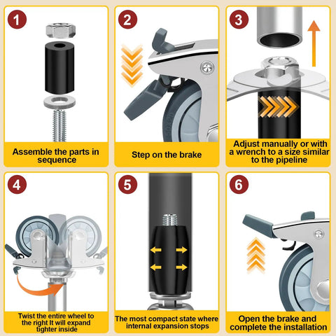 Heavy Duty Expanding Stem Casters With Roll Like Butter Rubber Wheels Set Of 4 assembly instructions showing assembly steps and brake usage.