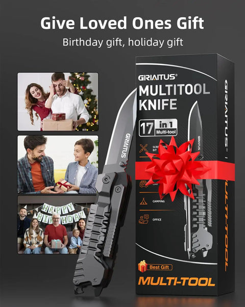 All In One Camping Multitool With Fire Starter, Bottle Opener, Saw, Screwdrivers, window breaker, box packing with gift ribbon
