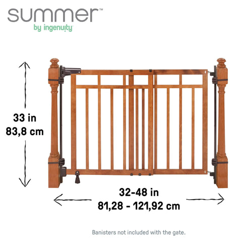 Wood Banister And Stair Safety Gate For Babies And Pets, adjustable 32 to 48 inches wide, 33 inches tall, oak finish, front view