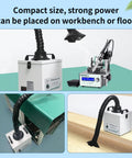 Powerful Solder Fume Extractor With Beast Mode Suction, compact size for workbench or floor use with flexible arm.