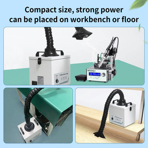 Powerful Solder Fume Extractor With Beast Mode Suction, compact size for workbench or floor use with flexible arm.