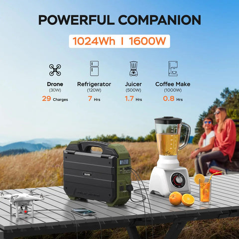 No Sweat Portable Power Station With Built In Fold Solar Panel 1600W Output 3200W Peak 1024Wh Lifepo4 Battery powering blender and devices.