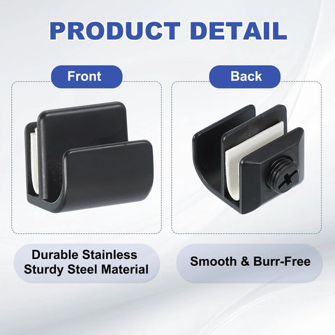 Front and back view of black zinc alloy Fifteen Sixteenth Inch Glass Door Pull Handle Set with no-drill clamps.