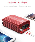 Red Power Inverter 500W DC 12V To 110V AC with Dual USB Car Charger, 2 AC Outlets, and phones showcasing charging capability.